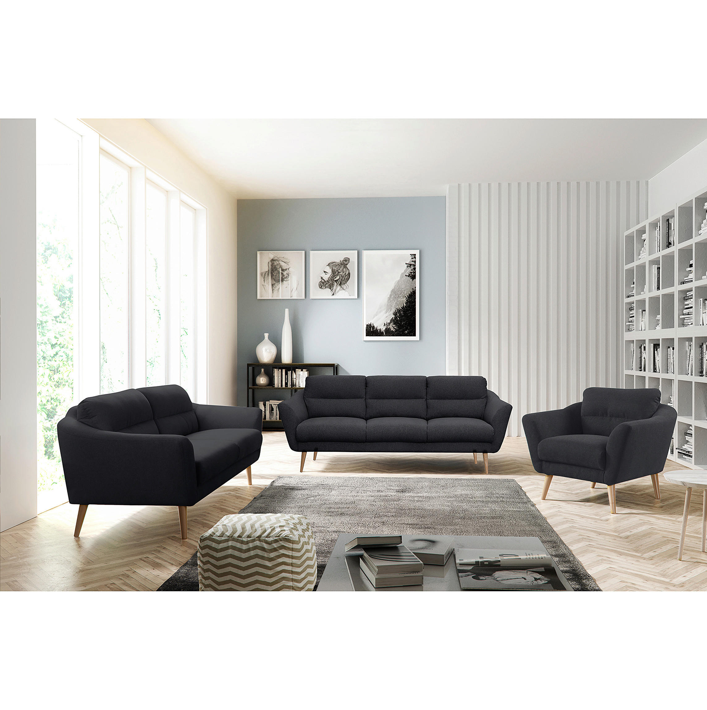 3-SITZER-SOFA in Webstoff Anthrazit  - Anthrazit/Buchefarben, Design, Holz/Textil (209/87/88cm) - Livetastic