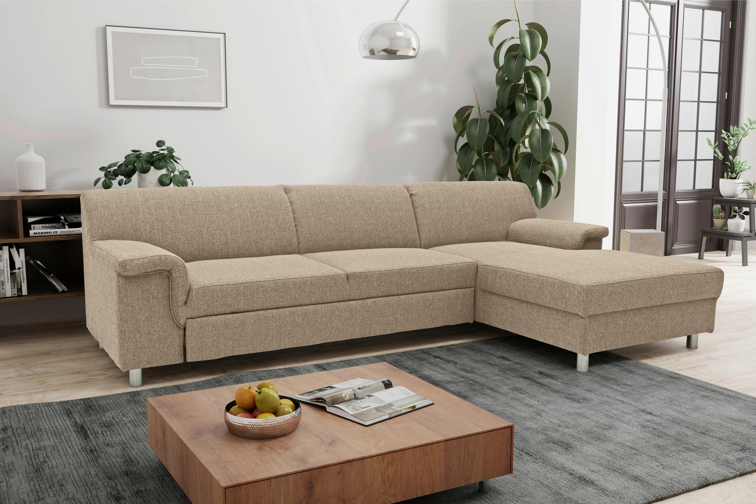 ECKSOFA Beige Webstoff  - Chromfarben/Beige, KONVENTIONELL, Textil/Metall (251/150cm) - MID.YOU