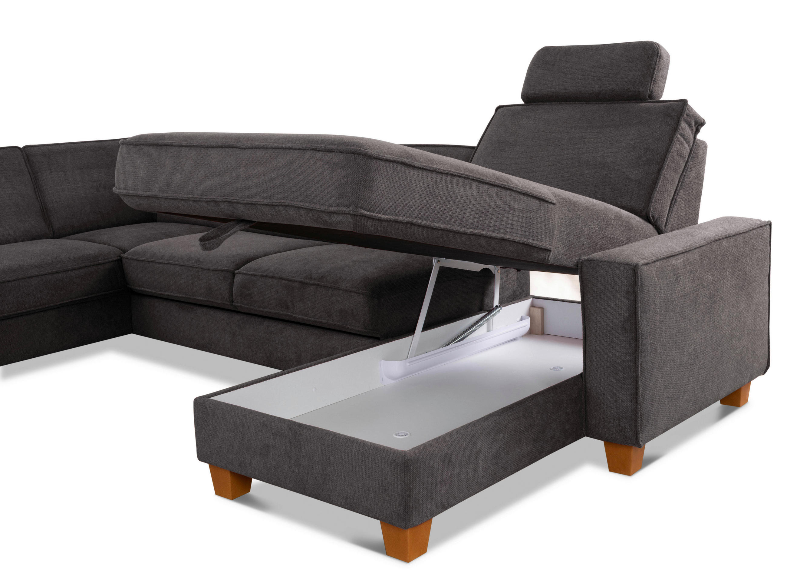 Thumbnail - Sit & More Wohnlandschaft, Dunkelgrau, Textil, Buche, massiv, 7-Sitzer, Ottomane links, U-Form, 309x213 cm, Goldenes M, ...