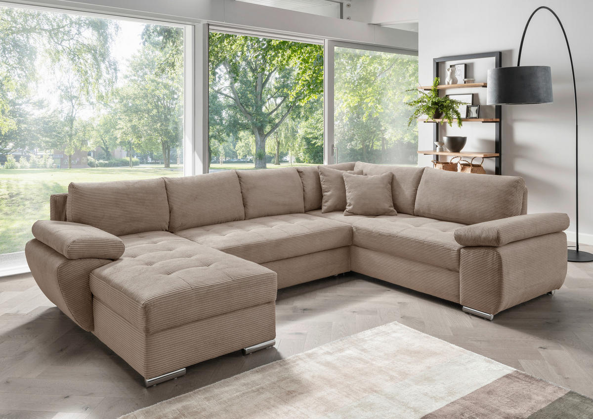 WOHNLANDSCHAFT in Cord Graubraun  - Chromfarben/Graubraun, Konventionell, Textil/Metall (157/305/219cm) - Livetastic