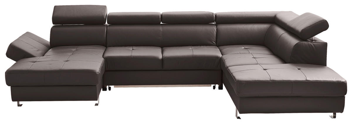 Wohnlandschaft inkl.Funktionen Dunkelbraun Kombination Echtleder/Lederlook Lederlook  - Chromfarben/Dunkelbraun, Design, Leder/Textil (157/327/212cm) - Stylife