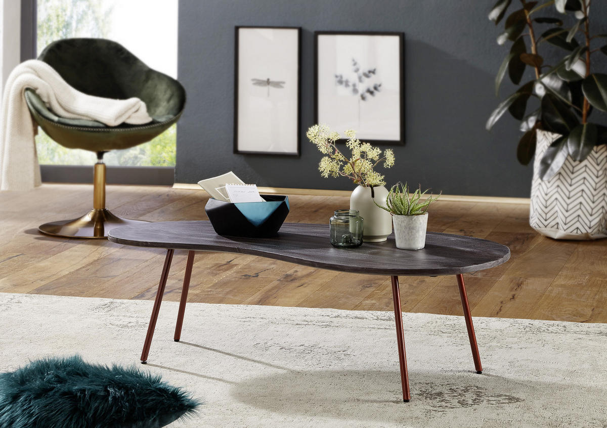 COUCHTISCH Akazie massiv 122/63/34,5 cm Freiform Dunkelgrau  - Dunkelgrau/Kupferfarben, Design, Holz/Metall (122/63/34,5cm) - MID.YOU