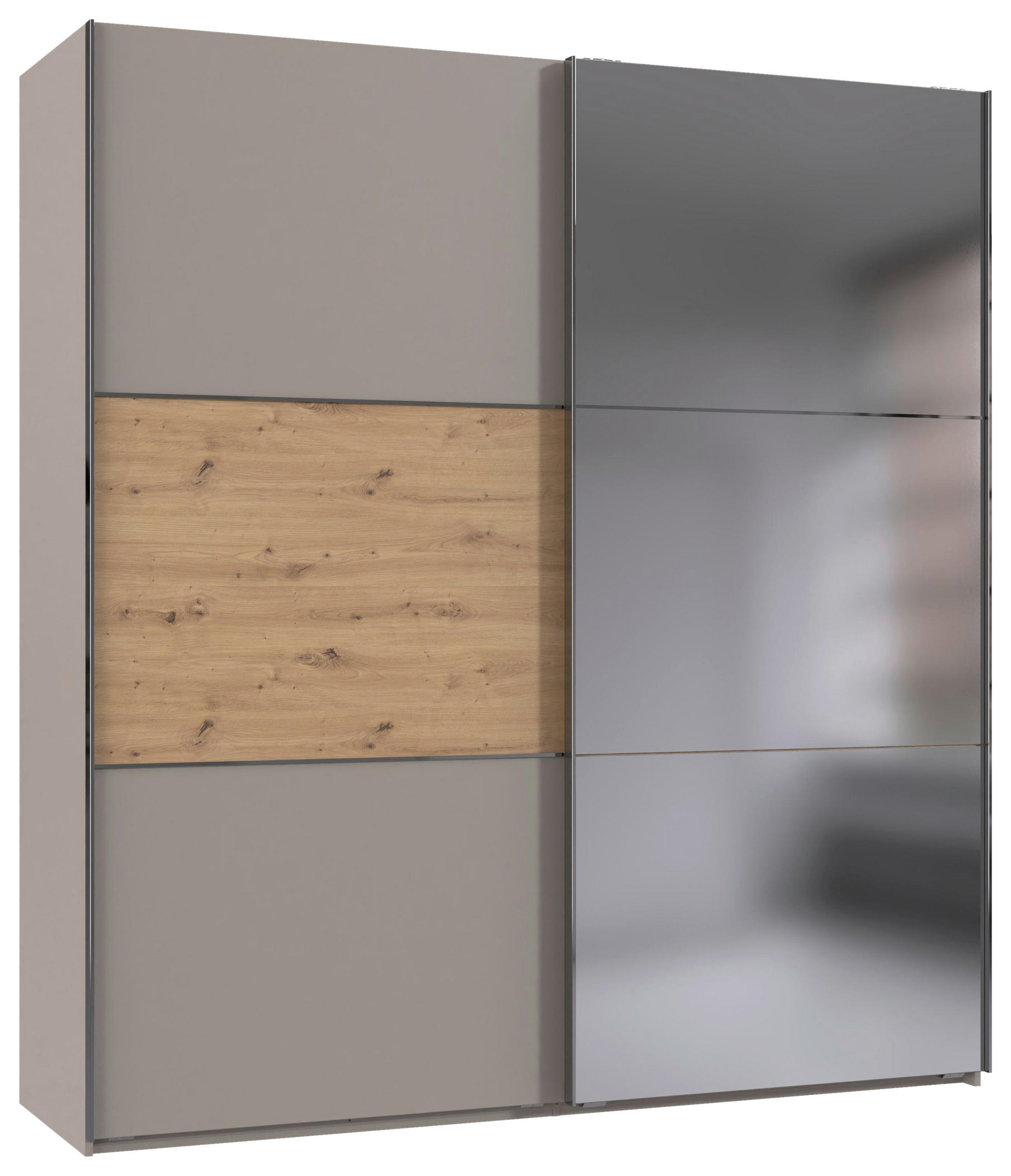 SCHWEBETÜRENSCHRANK 200/216/65 cm 2-türig Grau, Edelstahlfarben, Eiche Artisan  - Edelstahlfarben/Eiche Artisan, KONVENTIONELL, Glas/Holzwerkstoff (200/216/65cm) - Stylife