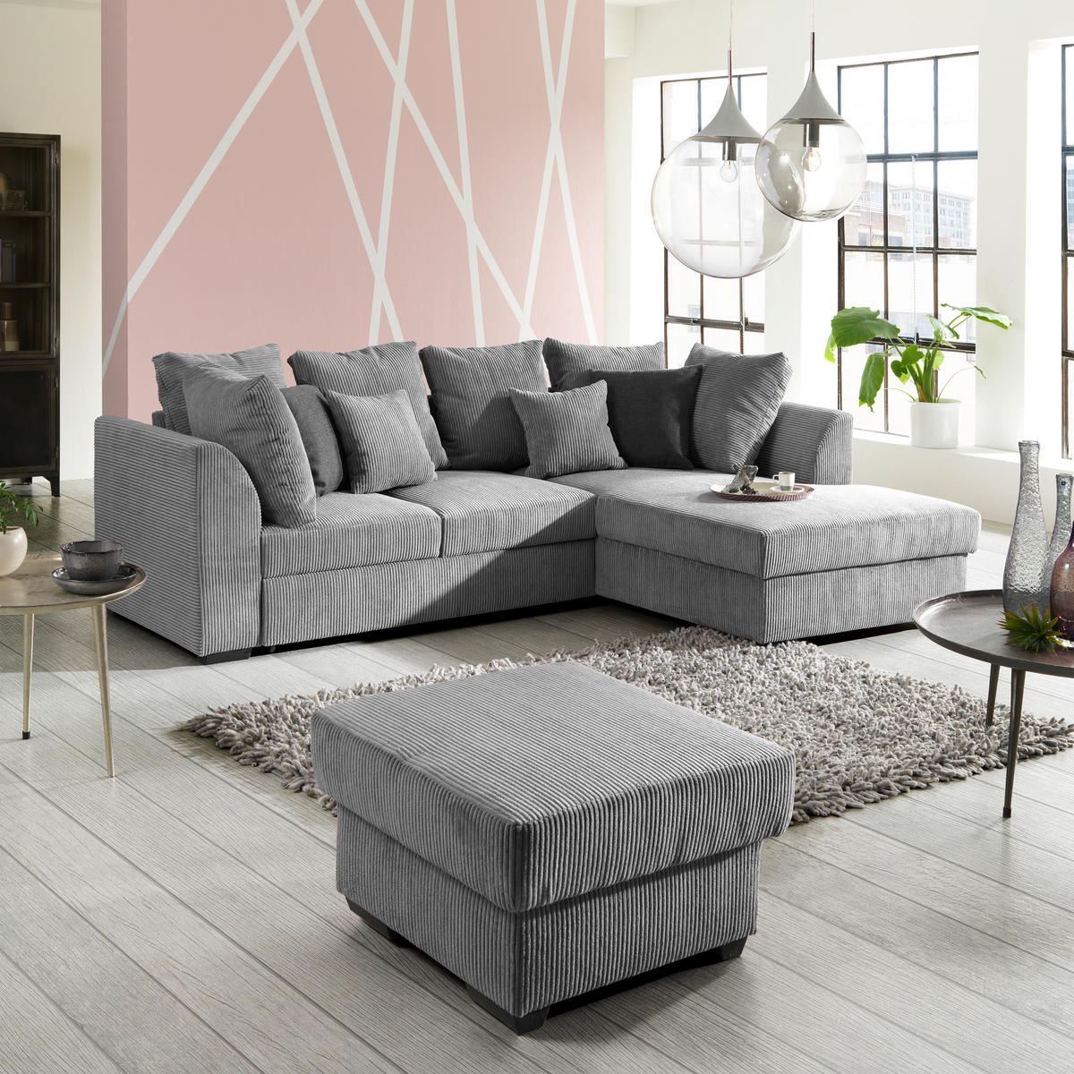 ECKSOFA in Cord Hellgrau  - Hellgrau/Schwarz, Design, Kunststoff/Textil (259/174cm) - Cantus