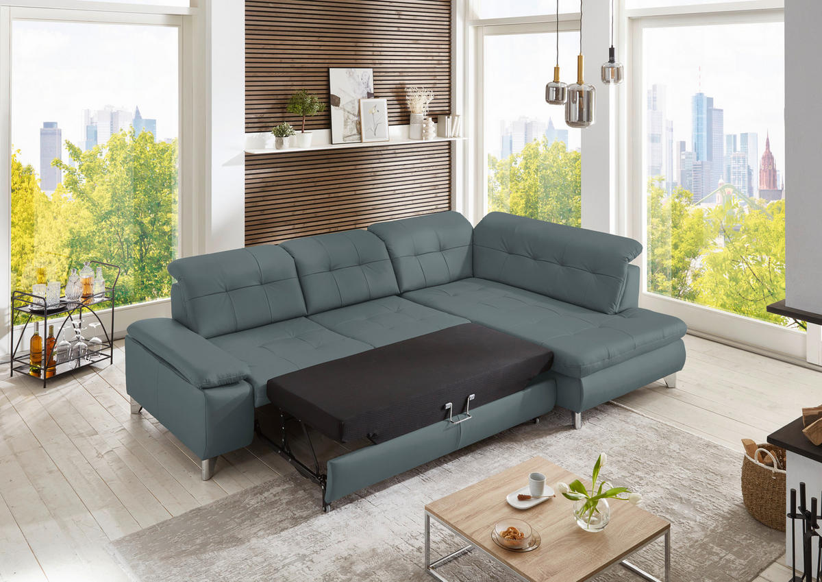 ECKSOFA in Echtleder Blaugrau  - Blaugrau/Alufarben, Design, Leder/Metall (309/211cm) - Beldomo Speed