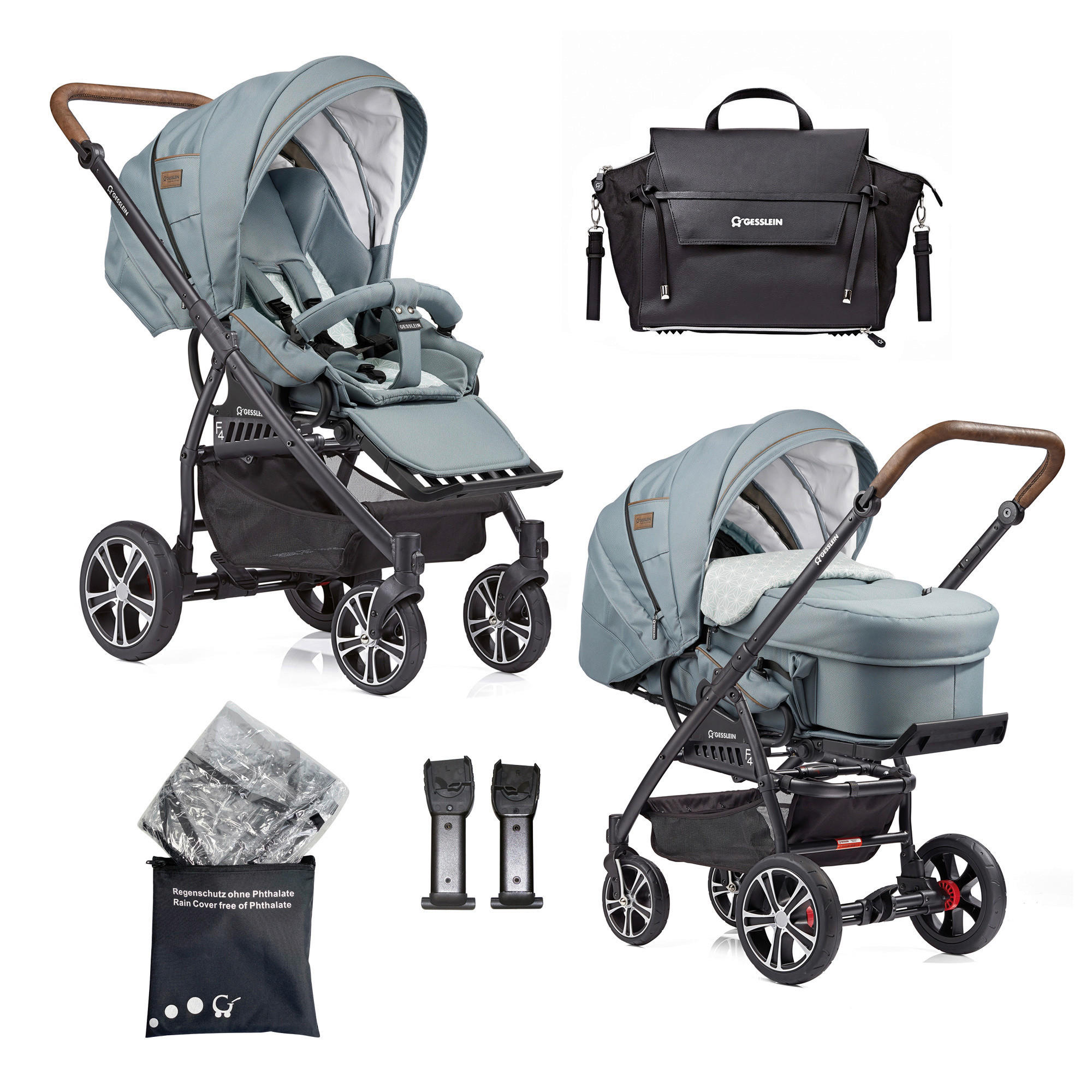 KINDERWAGENSET  F4 Air+   - Petrol/Schwarz, Basics, Textil/Metall (57/129/100cm) - Gesslein