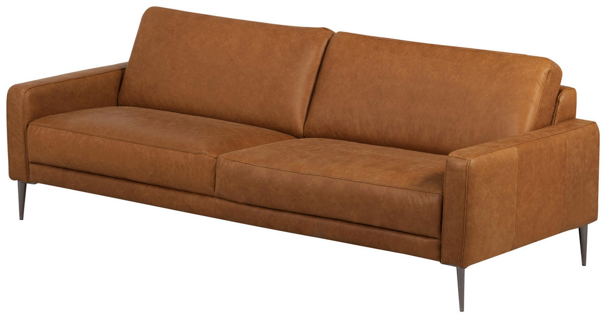 3,5-SITZER SPRING Echtleder Cognac  - Cognac/Schwarzchrom, Design, Leder/Metall (207/85/92cm) - Livetastic