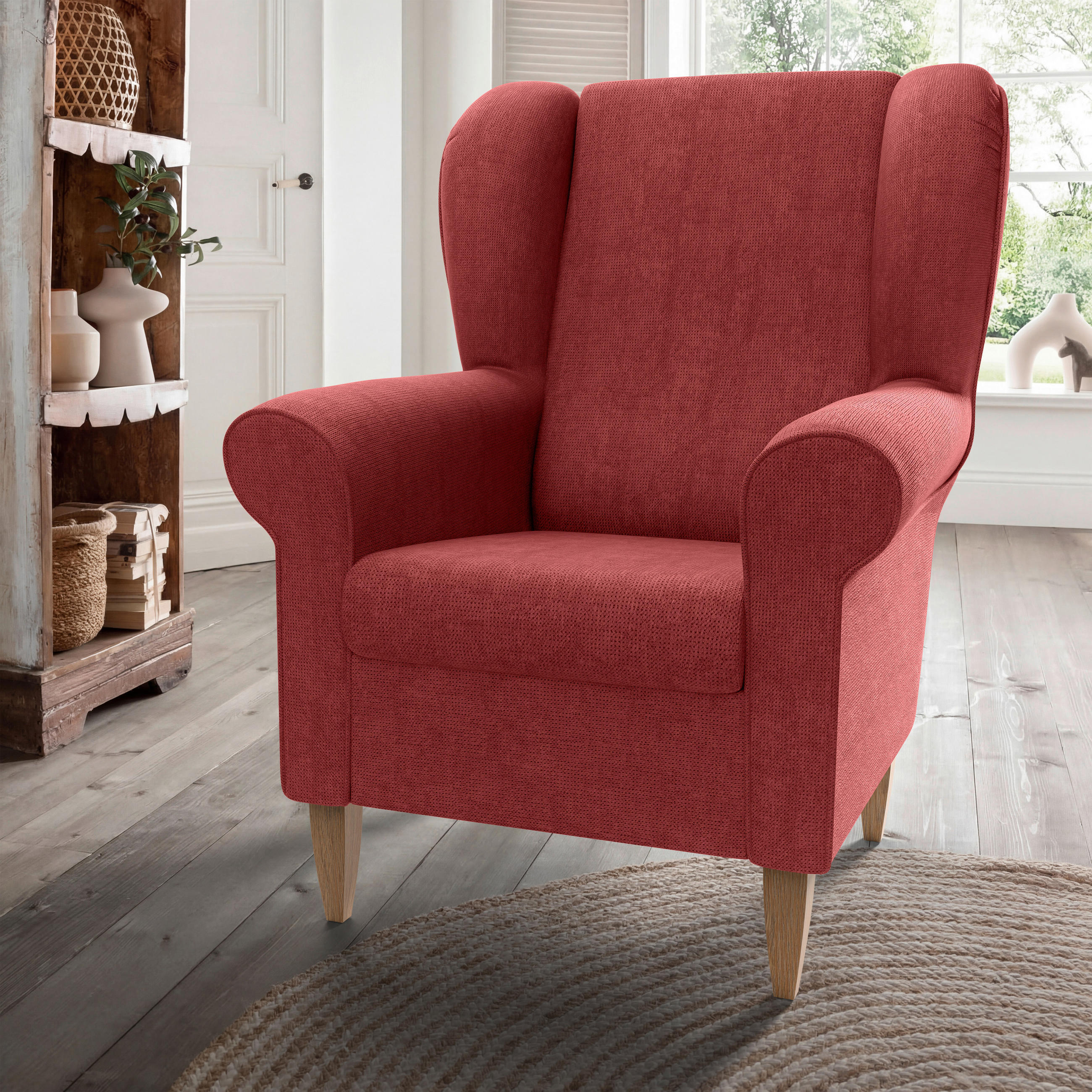 OHRENSESSEL Chenille Rot  - Rot/Naturfarben, Konventionell, Holz/Textil (80/102/86cm) - Livetastic