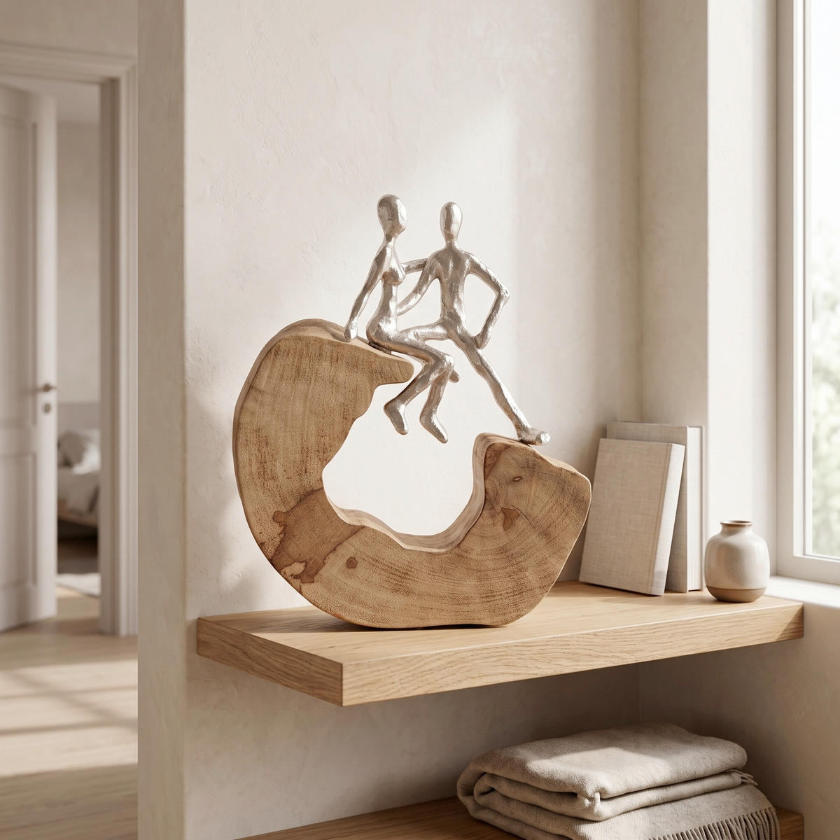 SKULPTUR - Hellbraun/Silberfarben, Basics, Holz/Metall (25/27/9cm)