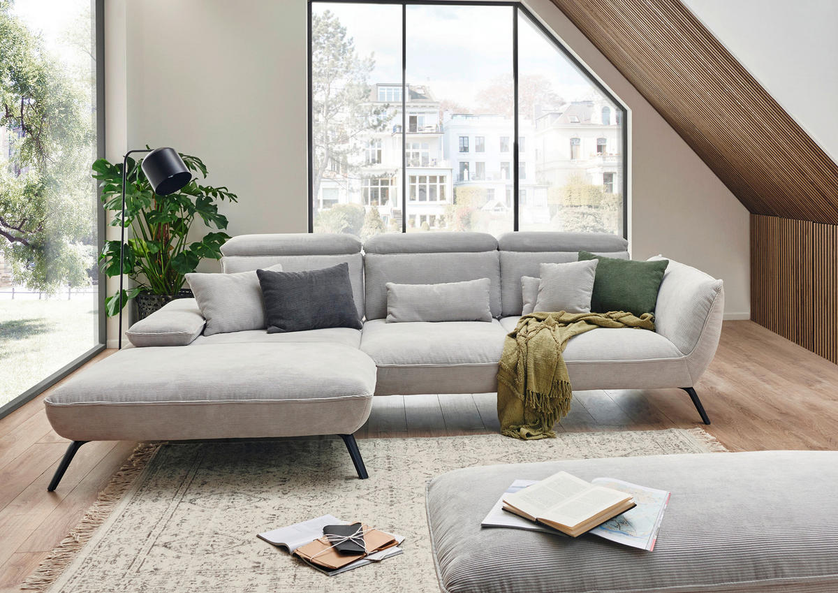 ECKSOFA in Cord Silberfarben  202/301 cm  - Silberfarben/Schwarz, Design, Textil/Metall (202/301cm) - Moderano