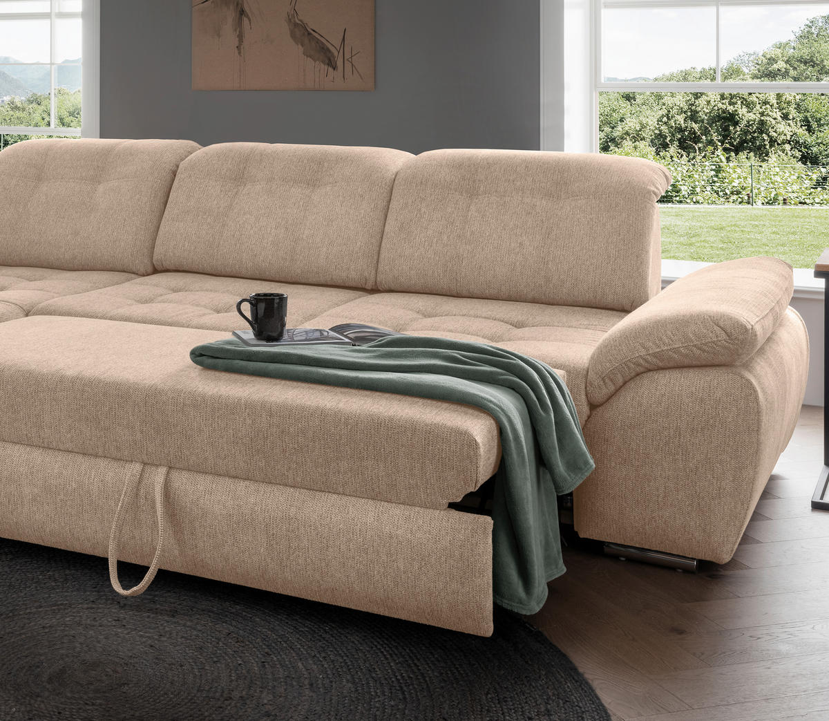 ECKSOFA RIGATTI Hellbraun Flachgewebe Kopfteilverstellung, Stauraum, Sitztiefenverstellung  - Chromfarben/Hellbraun, MODERN, Textil/Metall (254/308cm) - Livetastic