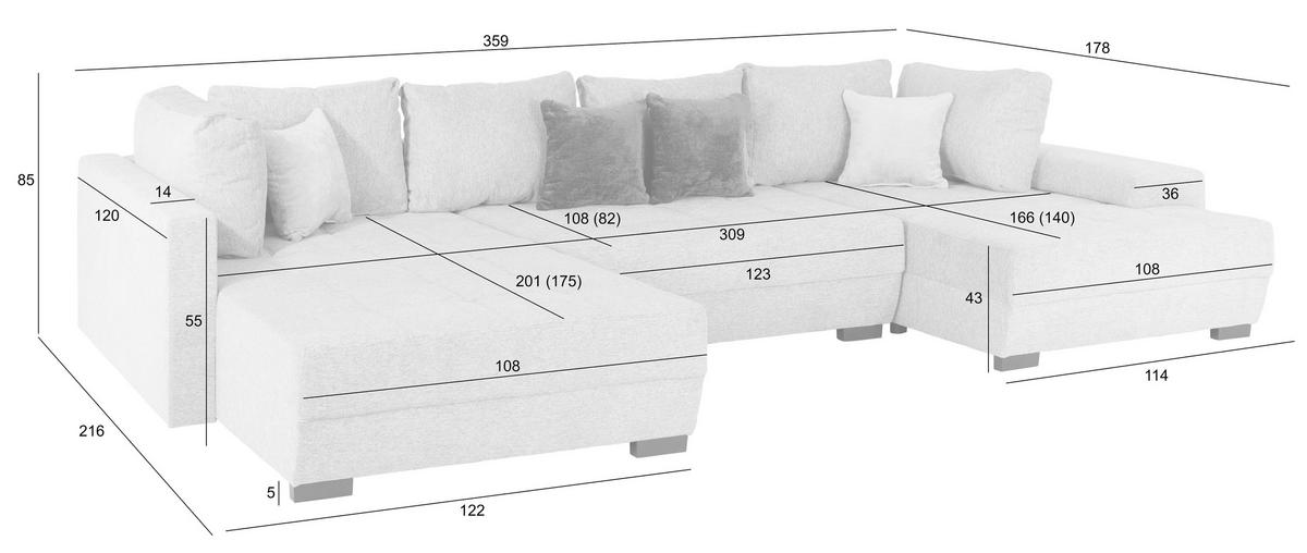WOHNLANDSCHAFT LUGANO Hellgrau Mikrofaser, Struktur  - Hellgrau/Schwarz, MODERN, Kunststoff/Textil (216/359/178cm) - MID.YOU