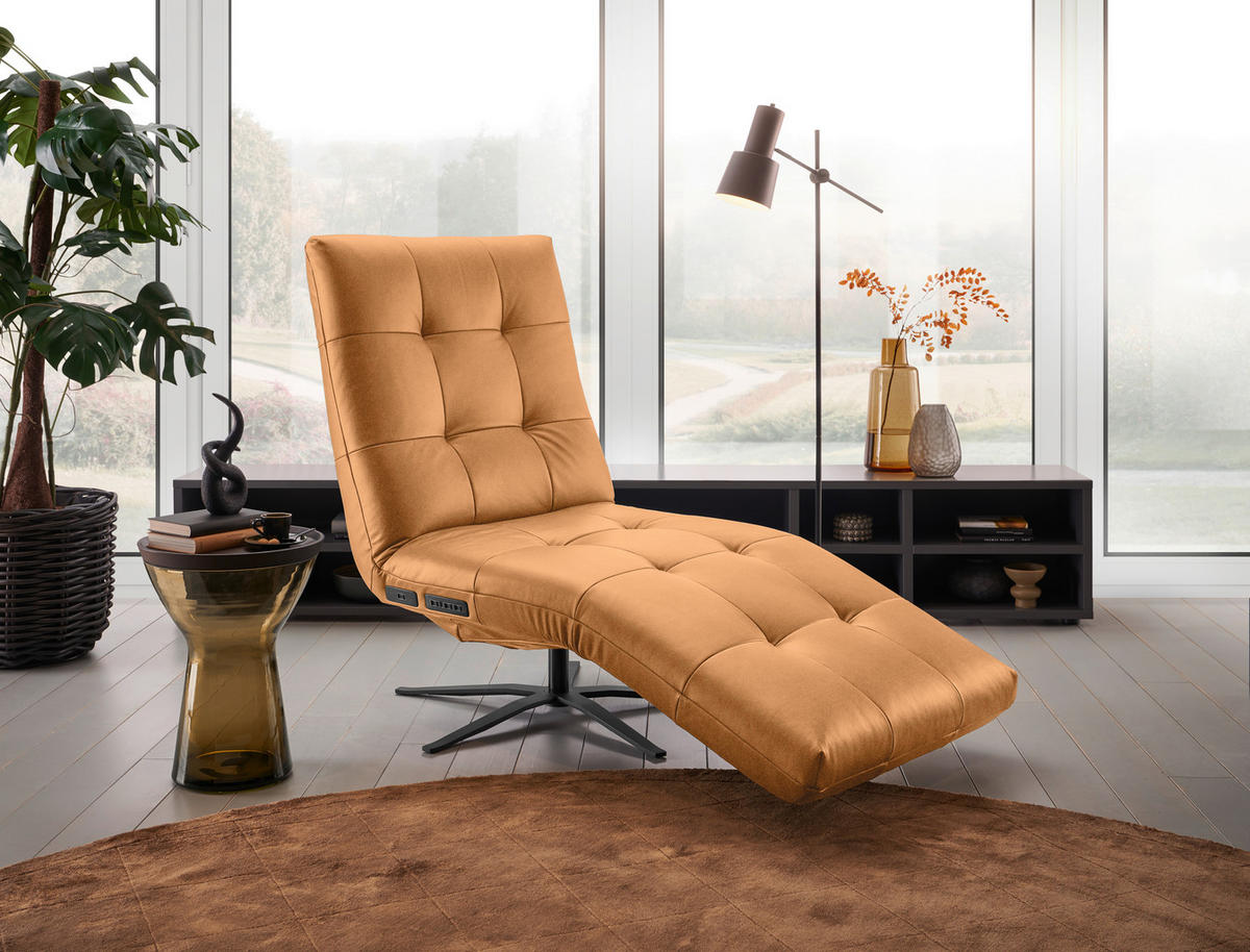 RELAXLIEGE in Echtleder Cognac  - Cognac/Schwarz, MODERN, Leder/Metall (82/53-115/156-206cm) - Pure Home Comfort