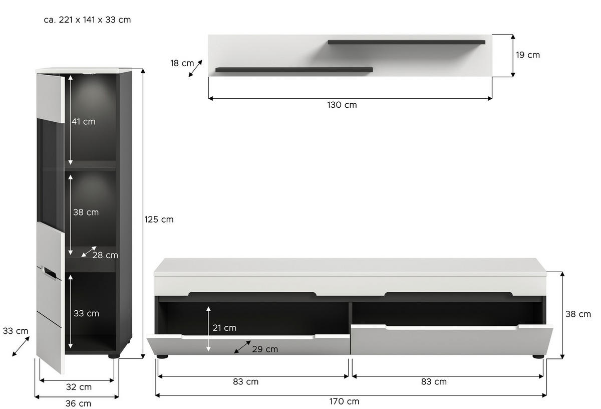 WOHNWAND 3-teilig  in Weiß  221/141/33 cm  - Schwarz/Weiß, Design, Holzwerkstoff/Kunststoff (221/141/33cm) - Livetastic