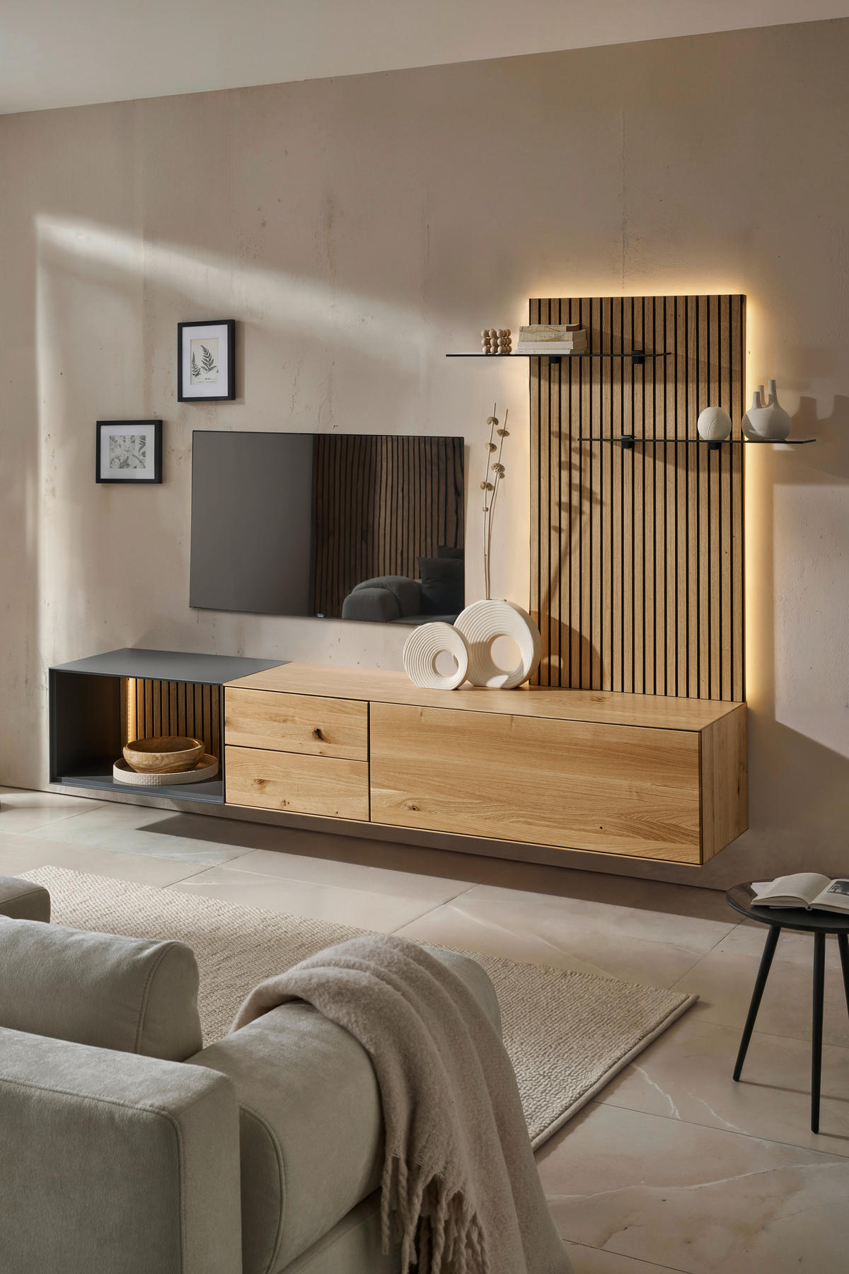 WOHNWAND 3-teilig  in Anthrazit, Eichefarben  261/160/50 cm  - Eichefarben/Anthrazit, Design, Glas/Holz (261/160/50cm) - Dieter Knoll