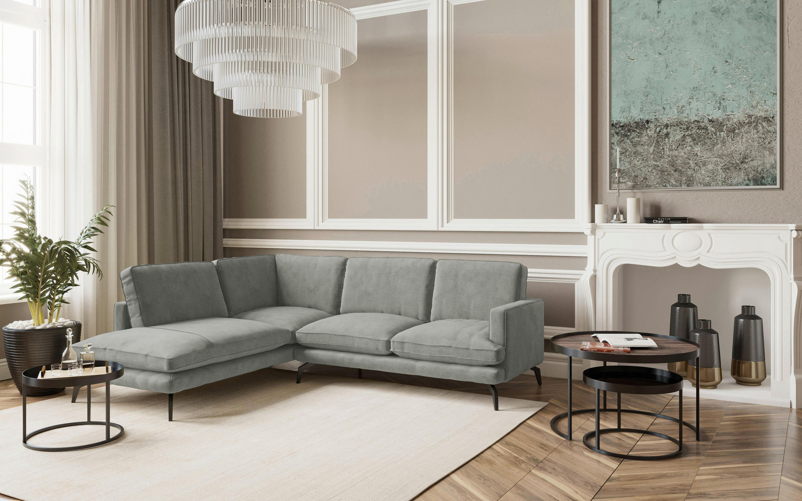 ECKSOFA Grau Flachgewebe  - Champagner/Schwarz, Design, Textil/Metall (202/250cm) - Livetastic