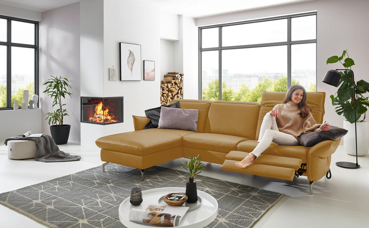 ECKSOFA in Lederlook (vegan) Gelb  - Gelb/Nickelfarben, Modern, Textil/Metall (179/233cm) - Livetastic