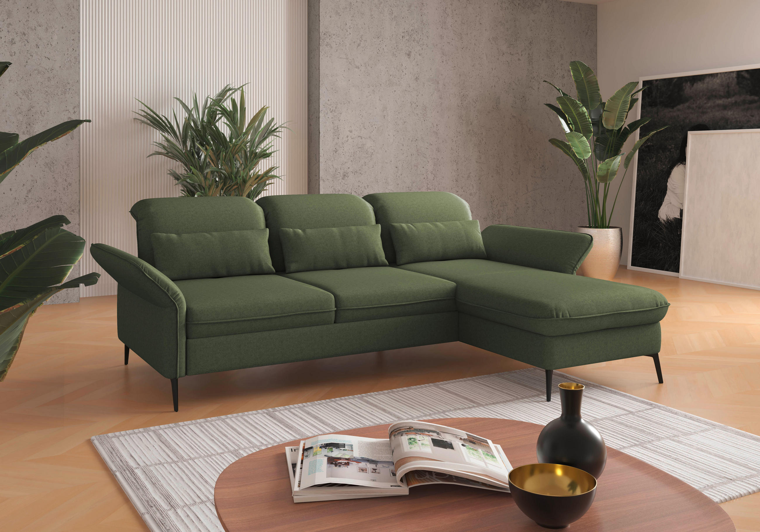 ECKSOFA in Flachgewebe Olivgrün  - Schwarz/Olivgrün, Konventionell, Textil/Metall (264/198cm) - Sit & More