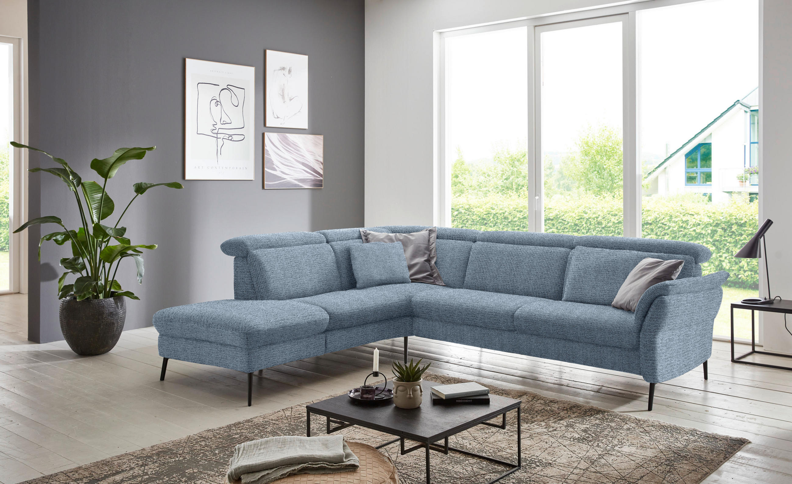 ECKSOFA  in Struktur Hellblau  235/275 cm  - Schwarz/Hellblau, MODERN, Textil/Metall (235/275cm) - Cantus