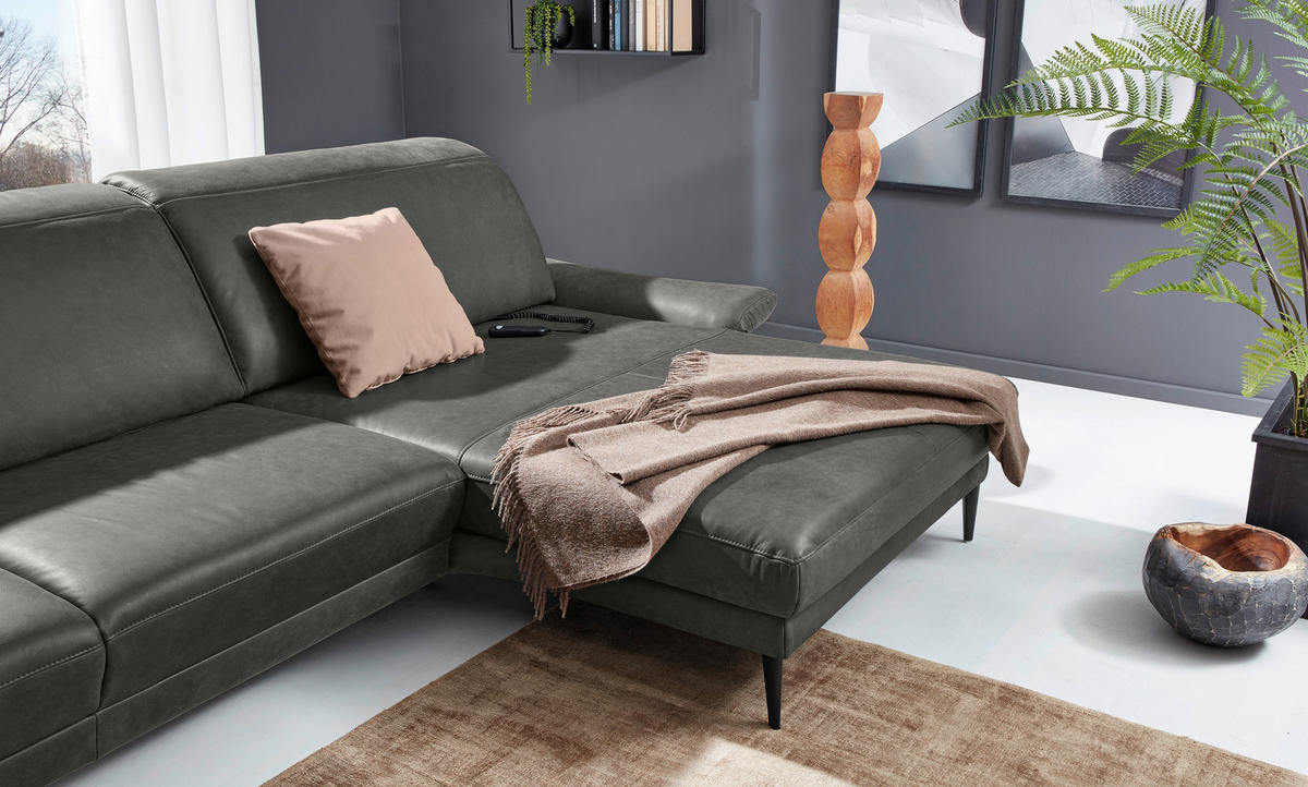 ECKSOFA MR 1350 Dunkelgrau Echtleder  - Dunkelgrau/Schwarz, Design, Leder/Metall (193/312cm) - Musterring