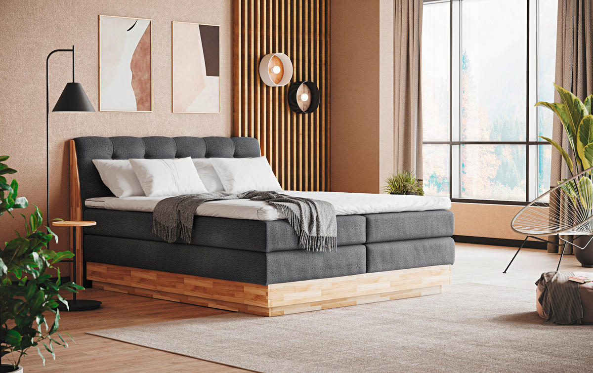 BOXSPRINGBETT 180/200 cm  in Anthrazit  - Anthrazit/Schwarz, Natur, Holz/Textil (180/200cm)