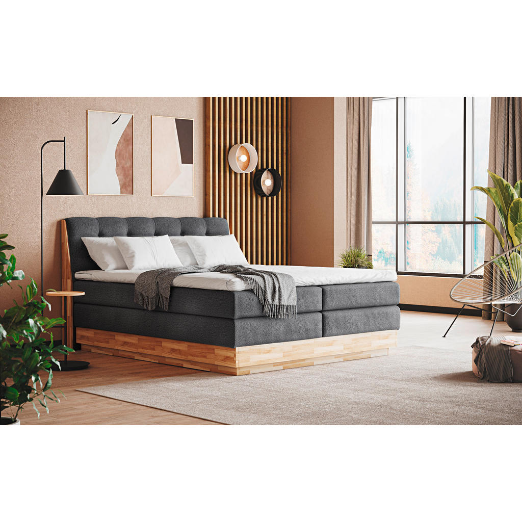 Thumbnail - Xxxl Boxspringbett, Anthrazit, Textil, Eiche, massiv, H3, Höhe ca. 20 cm, 160x200 cm, Fsc, Bettkasten, Matratze, gepolst...