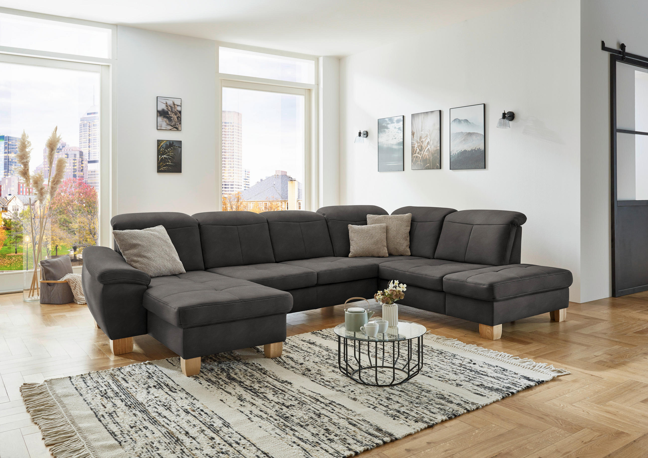 WOHNLANDSCHAFT in Mikrofaser Grau  - Wildeiche/Beige, Konventionell, Holz/Textil (185/343/243cm) - Voleo