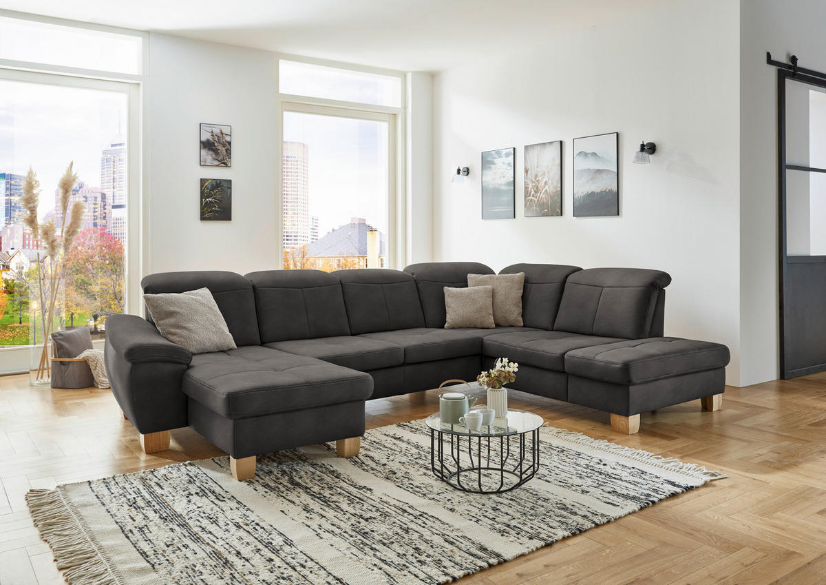 WOHNLANDSCHAFT in Mikrofaser Grau  - Wildeiche/Beige, Konventionell, Holz/Textil (185/343/243cm) - Voleo