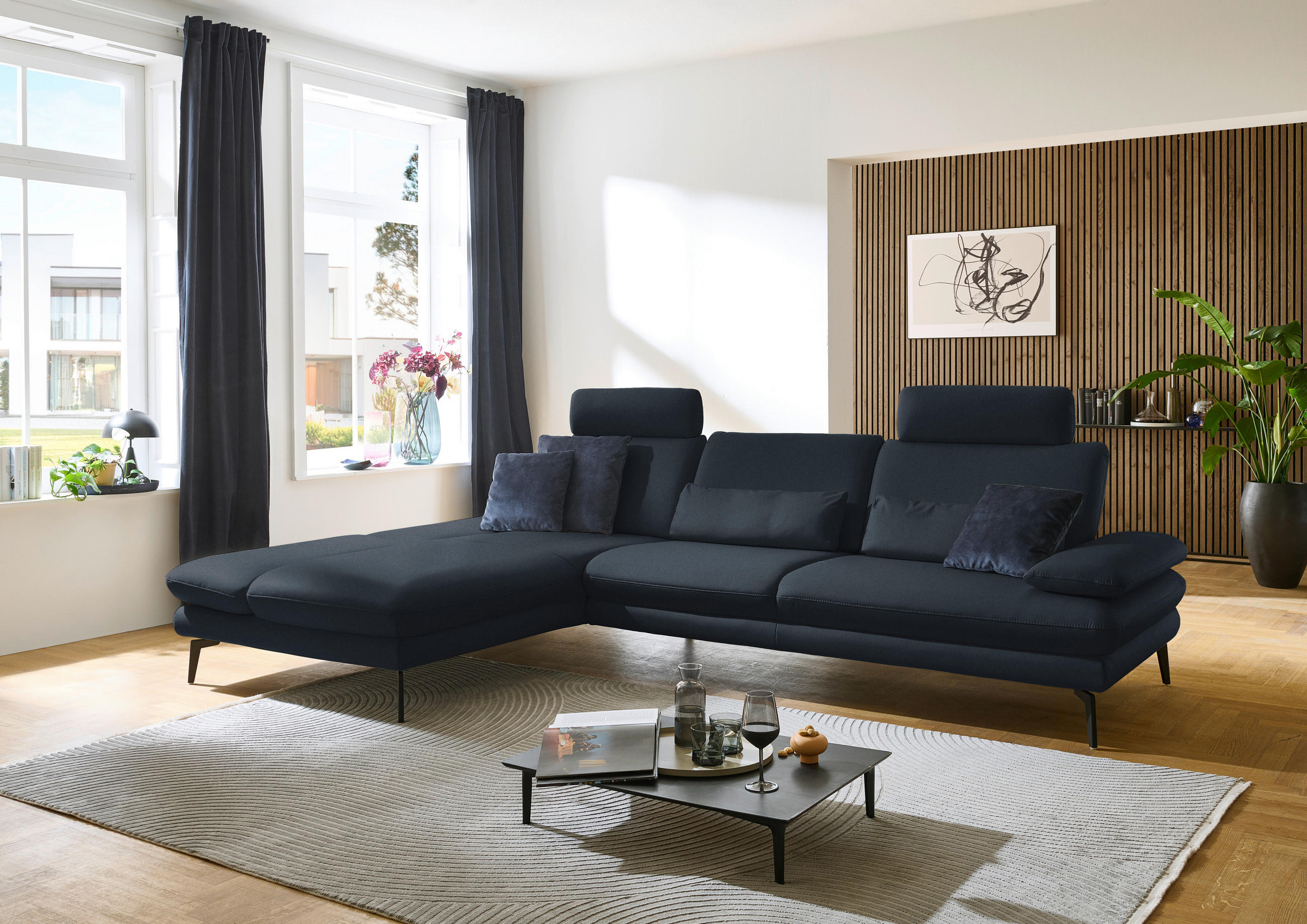 ECKSOFA in Echtleder Dunkelblau  - Schwarz/Dunkelblau, Design, Leder/Metall (195/308cm) - Dieter Knoll
