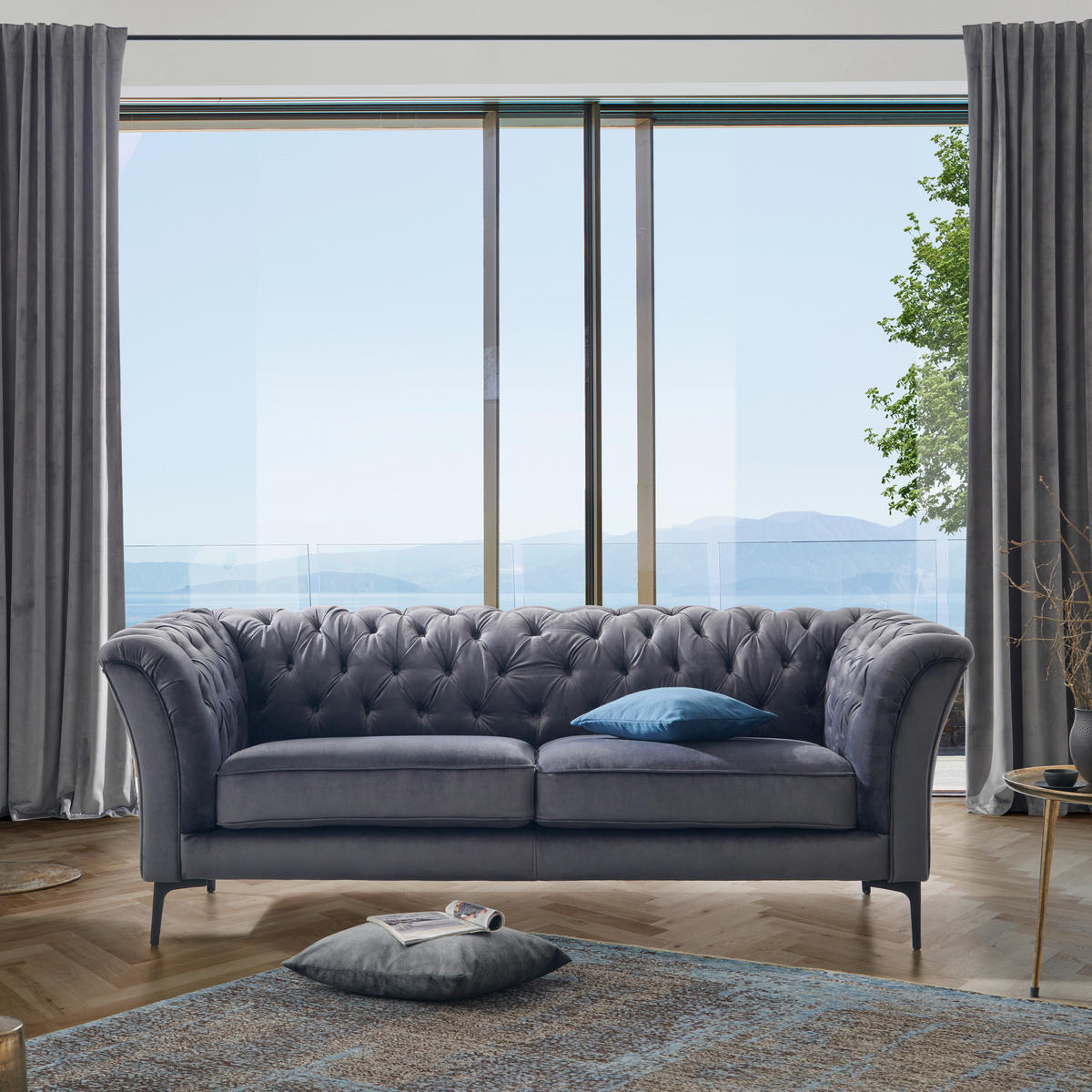 CHESTERFIELD-SOFA in Flachgewebe Anthrazit  - Anthrazit/Schwarz, Lifestyle, Textil/Metall (220/80/100cm) - Landscape