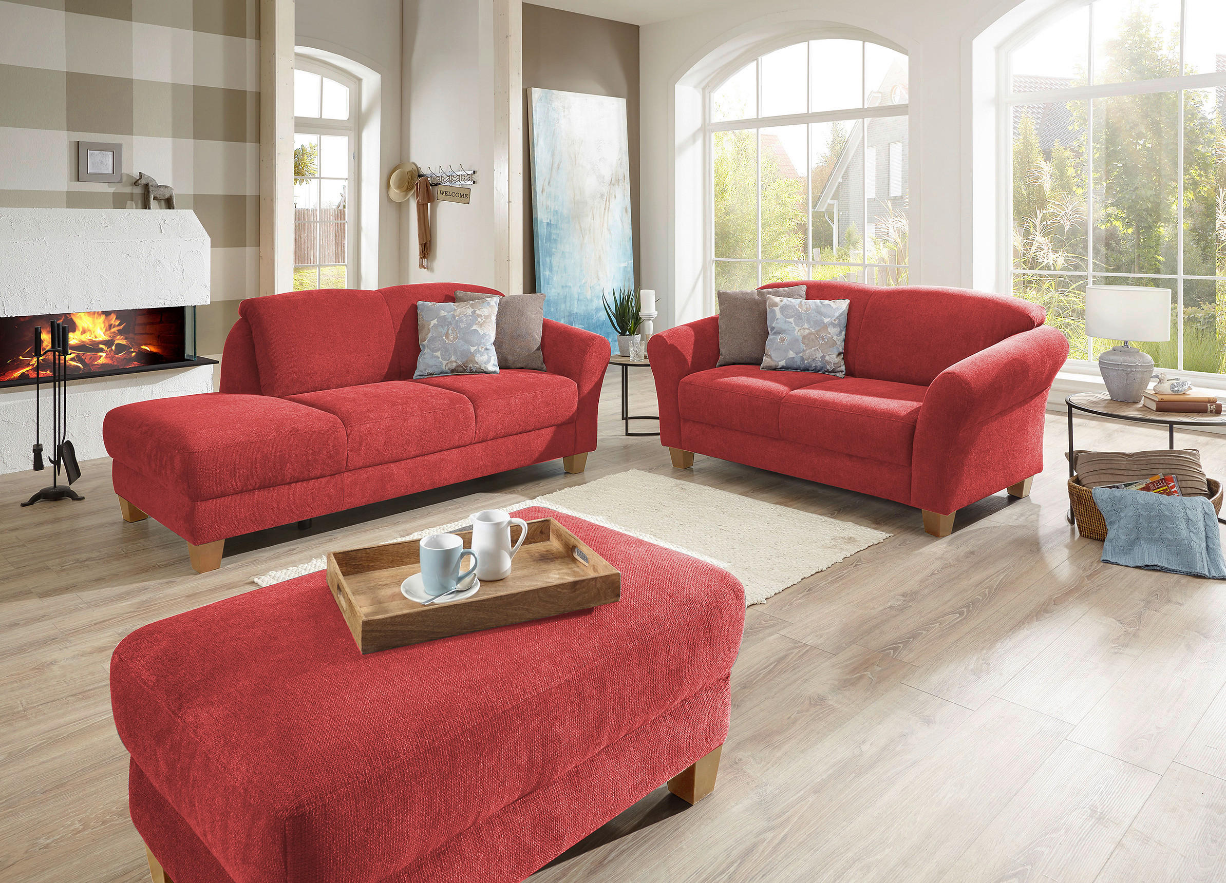 RÉCAMIERE in Flachgewebe Rot  - Rot/Naturfarben, Konventionell, Holz/Textil (194/84/91cm) - Sit & More