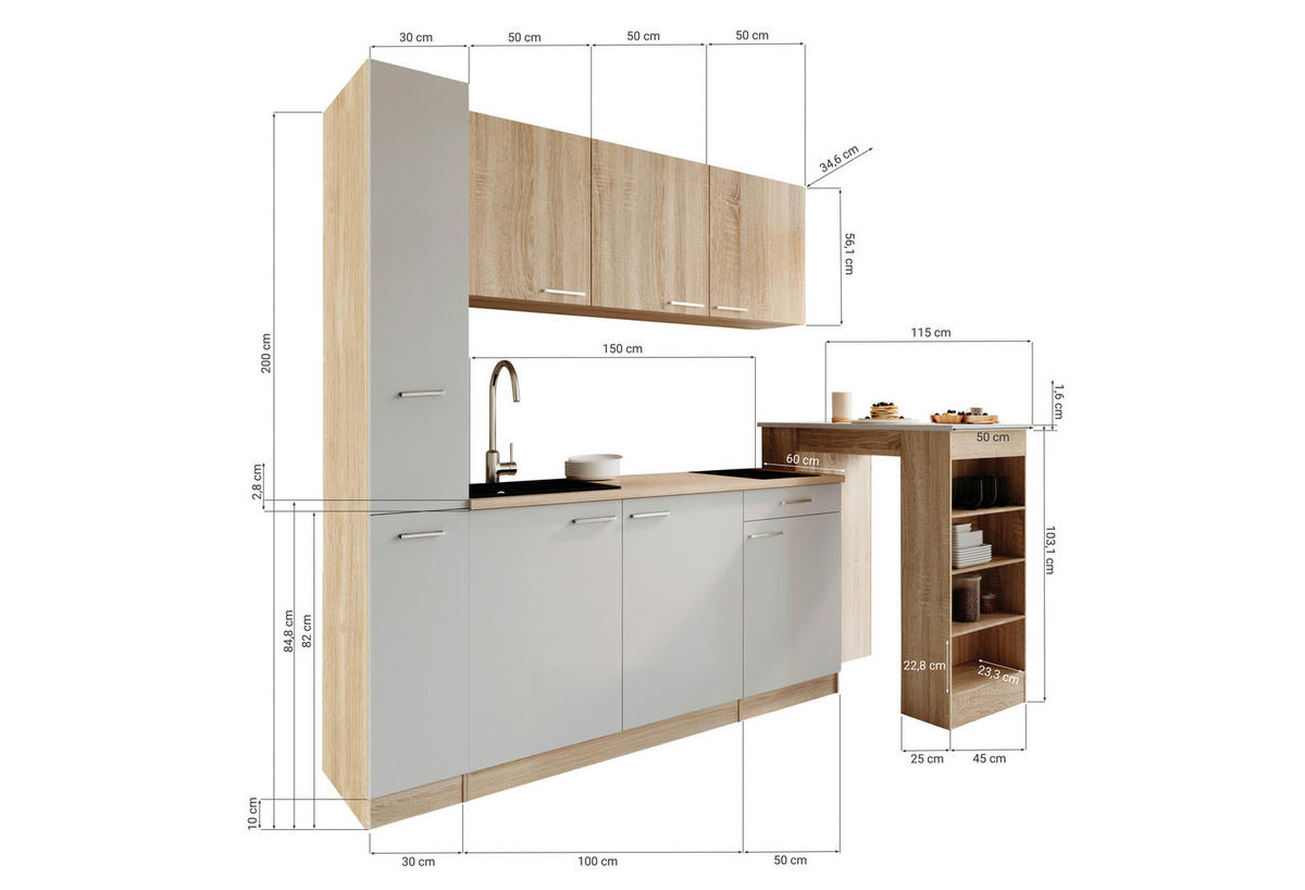 KUHINJSKI BLOK - črna/barve hrasta, Design, umetna masa/leseni material (180cm) - Respekta