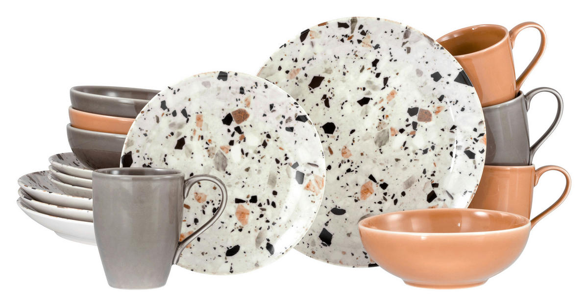 KOMBISERVICE Grau, Multicolor, Koralle Terrazzo Mix 16-teilig 4 Personen  - Koralle/Multicolor, Basics, Keramik - Creatable