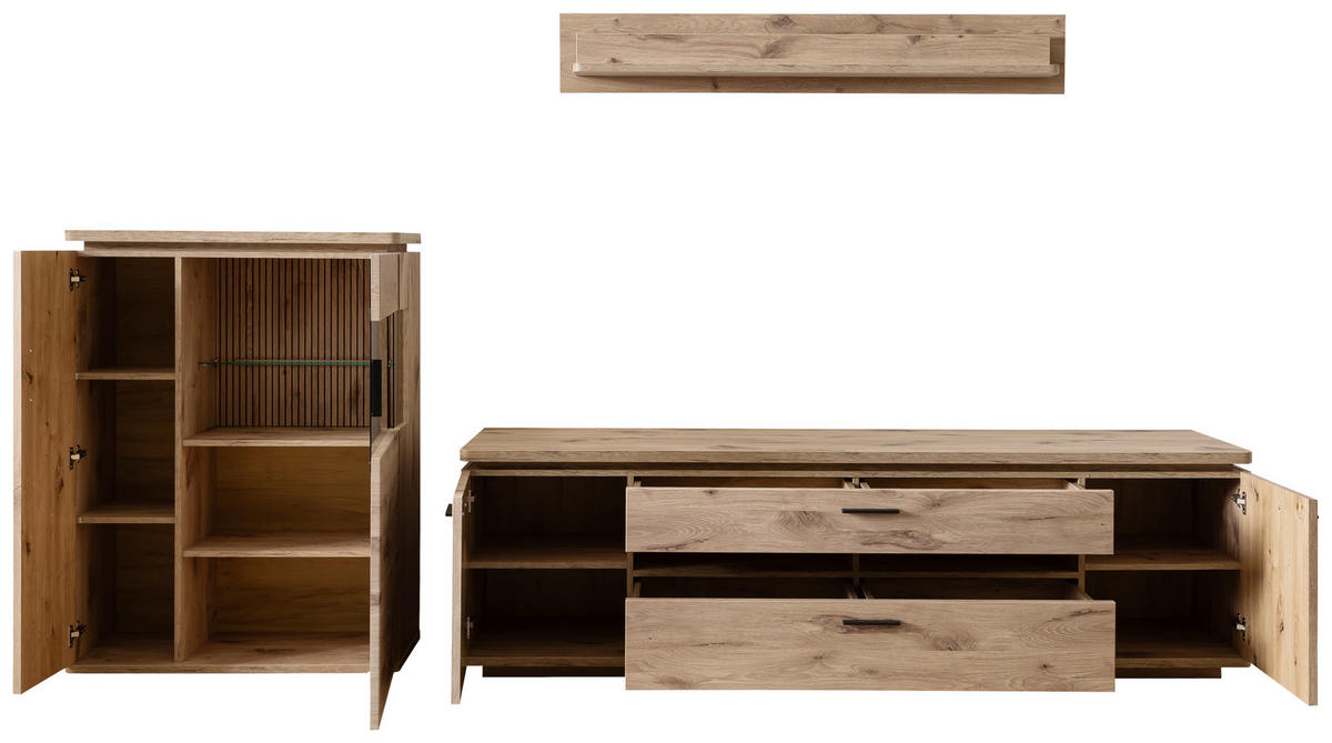 WOHNWAND 3-teilig  in Eichefarben 310/181/50 cm  - Eichefarben/Anthrazit, Konventionell, Glas/Holzwerkstoff (310/181/50cm) - Cantus