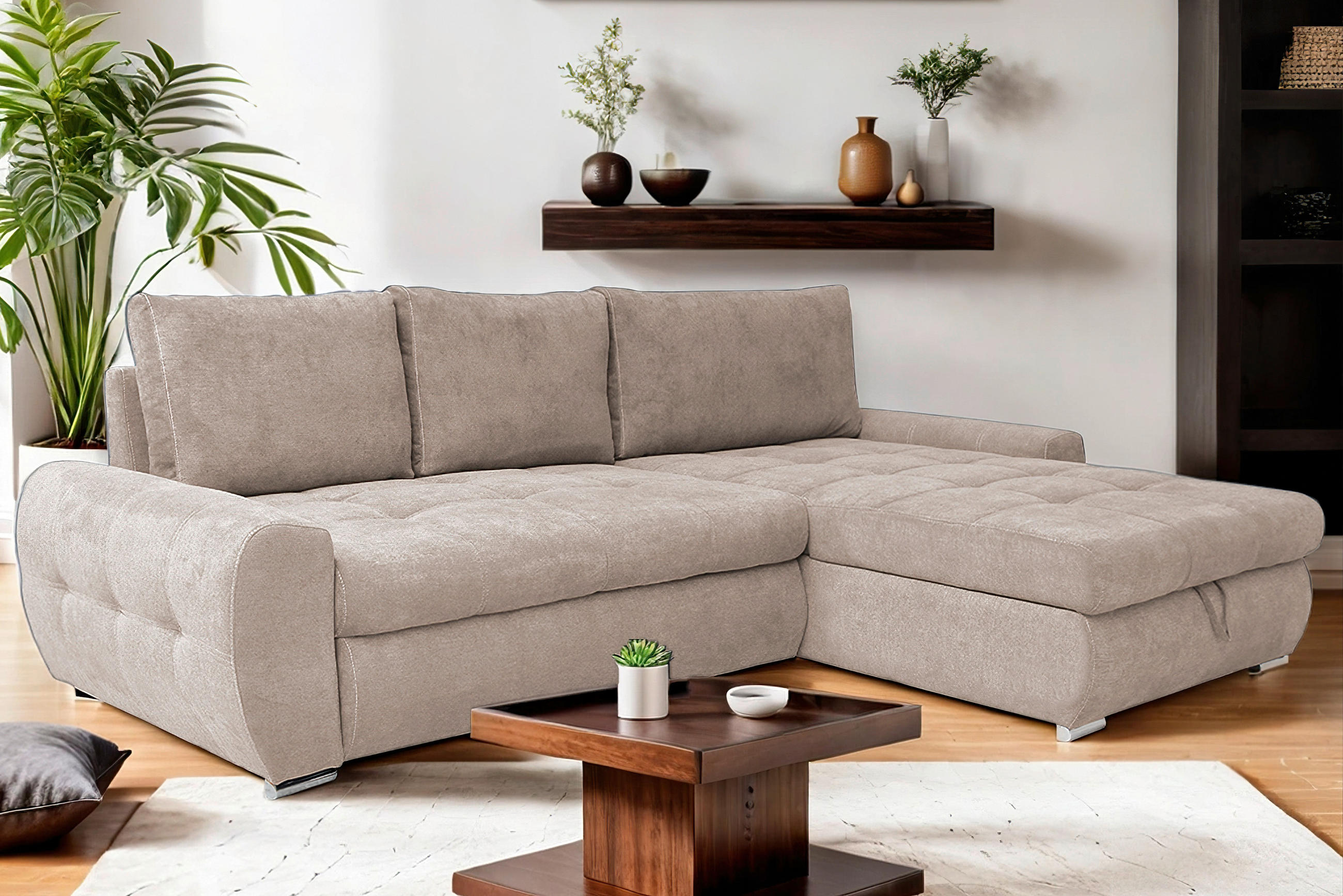 ECKSCHLAFSOFA Velours Beige  - Chromfarben/Beige, Design, Kunststoff/Textil (277/175cm) - Livetastic