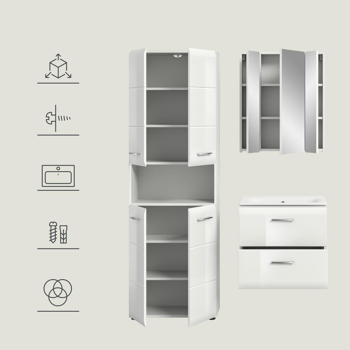 BADEZIMMER 4-teilig  in 120 cm  - Weiß Hochglanz/Silberfarben, MODERN, Keramik/Holzwerkstoff (120cm) - MID.YOU