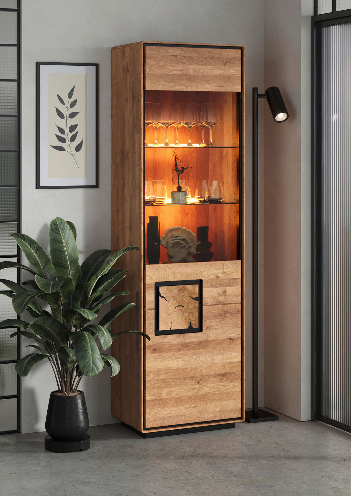 VITRINE  in massiv Wildeiche Schwarz, Wildeiche  - Wildeiche/Schwarz, Basics, Glas/Holz (60/203/40cm) - Livetastic