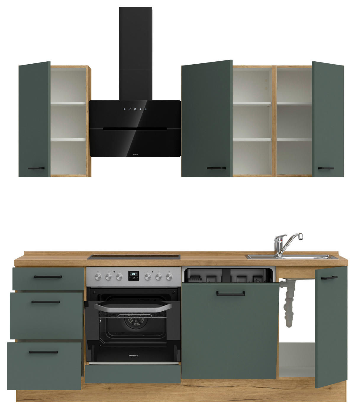 KÜCHENBLOCK Easytouch 210 cm  in Eichefarben, Dunkelgrün  - Dunkelgrün/Eichefarben, MODERN, Holzwerkstoff/Metall (210cm) - Nobilia
