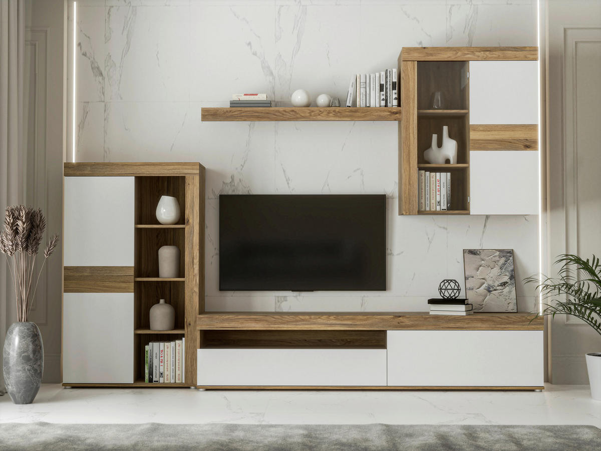 OBÝVACÍ STĚNA, barvy dubu, světle šedá - barvy dubu/světle šedá, Moderní, kompozitní dřevo/sklo (279,9/200,9/41,3cm) - Carryhome