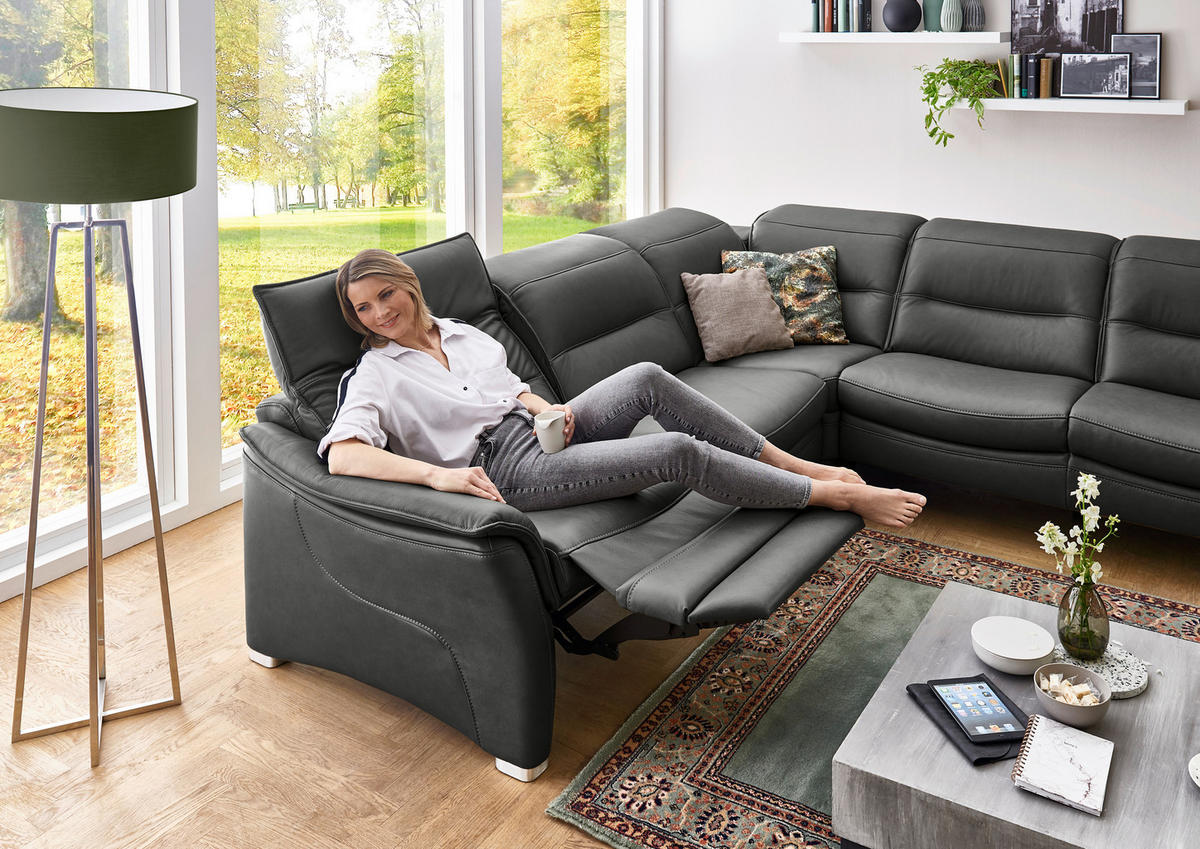 ECKSOFA in Echtleder Schwarz  - Alufarben/Schwarz, Design, Leder/Metall (277/277cm) - Valdera
