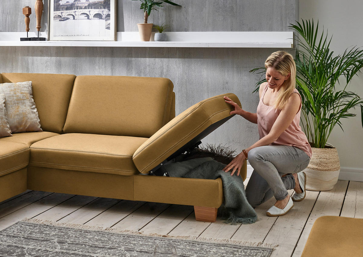 ECKSOFA  in Echtleder Currygelb  235/274 cm  - Currygelb/Eichefarben, KONVENTIONELL, Leder/Holzwerkstoff (235/274cm) - Beldomo Premium
