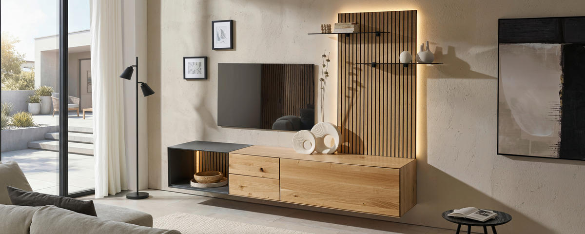 WOHNWAND 3-teilig  in Anthrazit, Eichefarben  261/160/50 cm  - Eichefarben/Anthrazit, Design, Glas/Holz (261/160/50cm) - Dieter Knoll