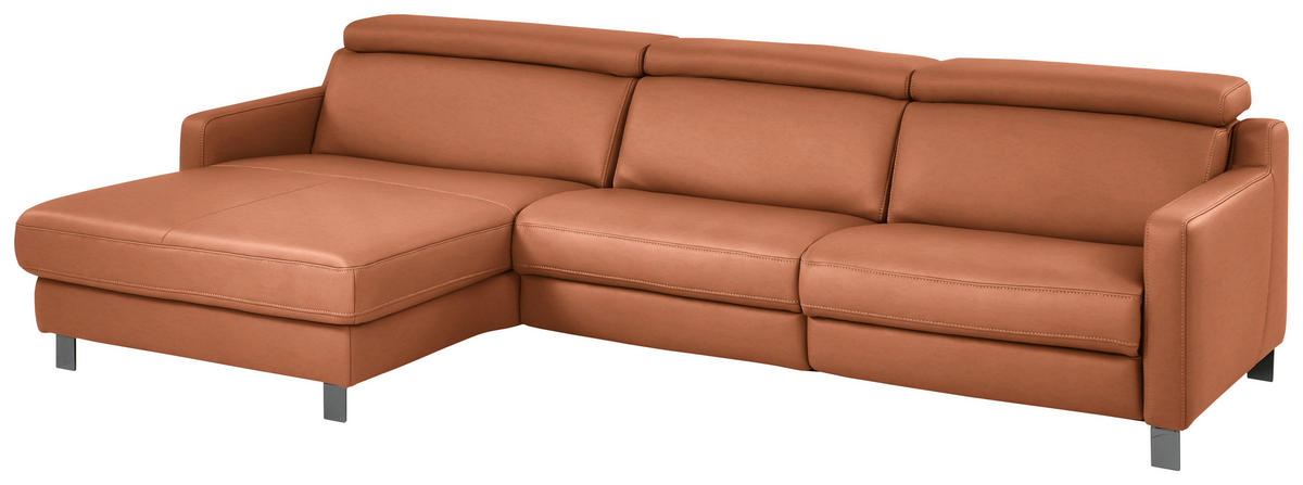 ECKSOFA in Echtleder Cognac  - Cognac/Schwarz, Design, Leder/Metall (176/291cm) - Valdera