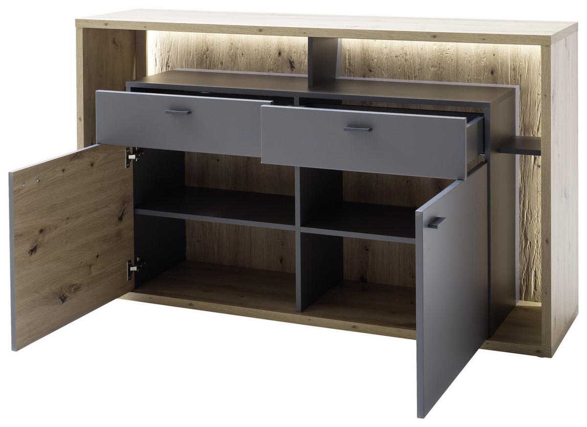 KOMODA S VRATIMA - siva/boja hrasta, Dizajnerski, metal/pločasti materijal (156/91/40cm) - Carryhome