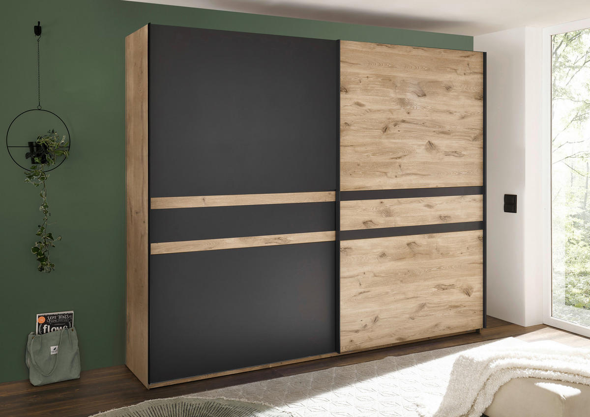 SCHWEBETÜRENSCHRANK  in Graphitfarben, Eichefarben  - Eichefarben/Graphitfarben, Design, Holzwerkstoff/Metall (270/228/60cm) - Xora