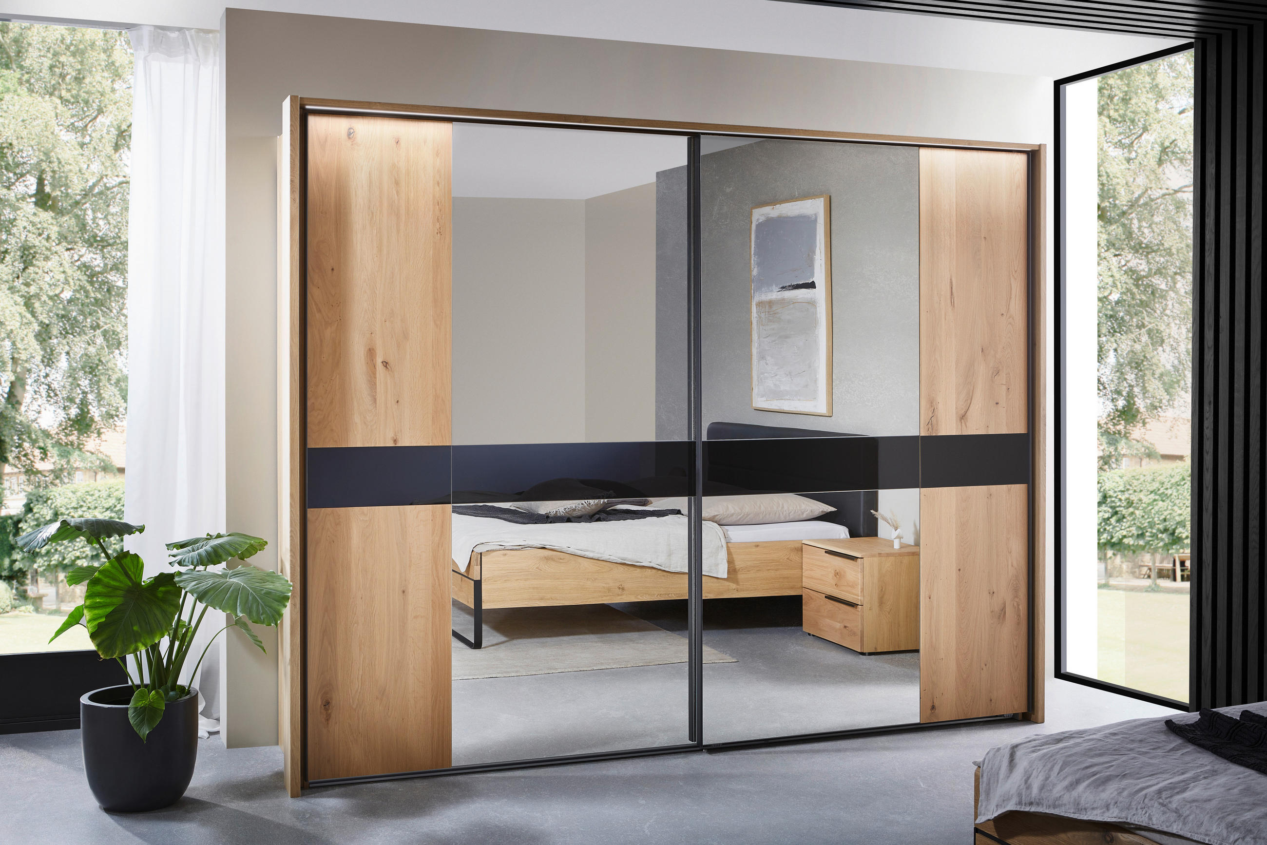 SCHWEBETÜRENSCHRANK 281/223/68 cm 2-türig Schwarz, Eichefarben  - Eichefarben/Schwarz, Design, Glas/Holz (281/223/68cm) - Dieter Knoll