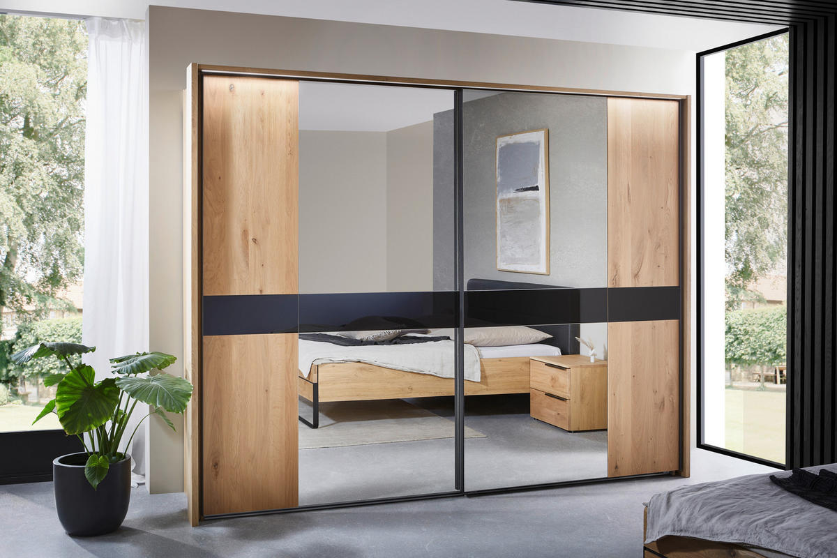 SCHWEBETÜRENSCHRANK in Schwarz, Eichefarben  - Eichefarben/Schwarz, Design, Glas/Holz (281/223/68cm) - Dieter Knoll