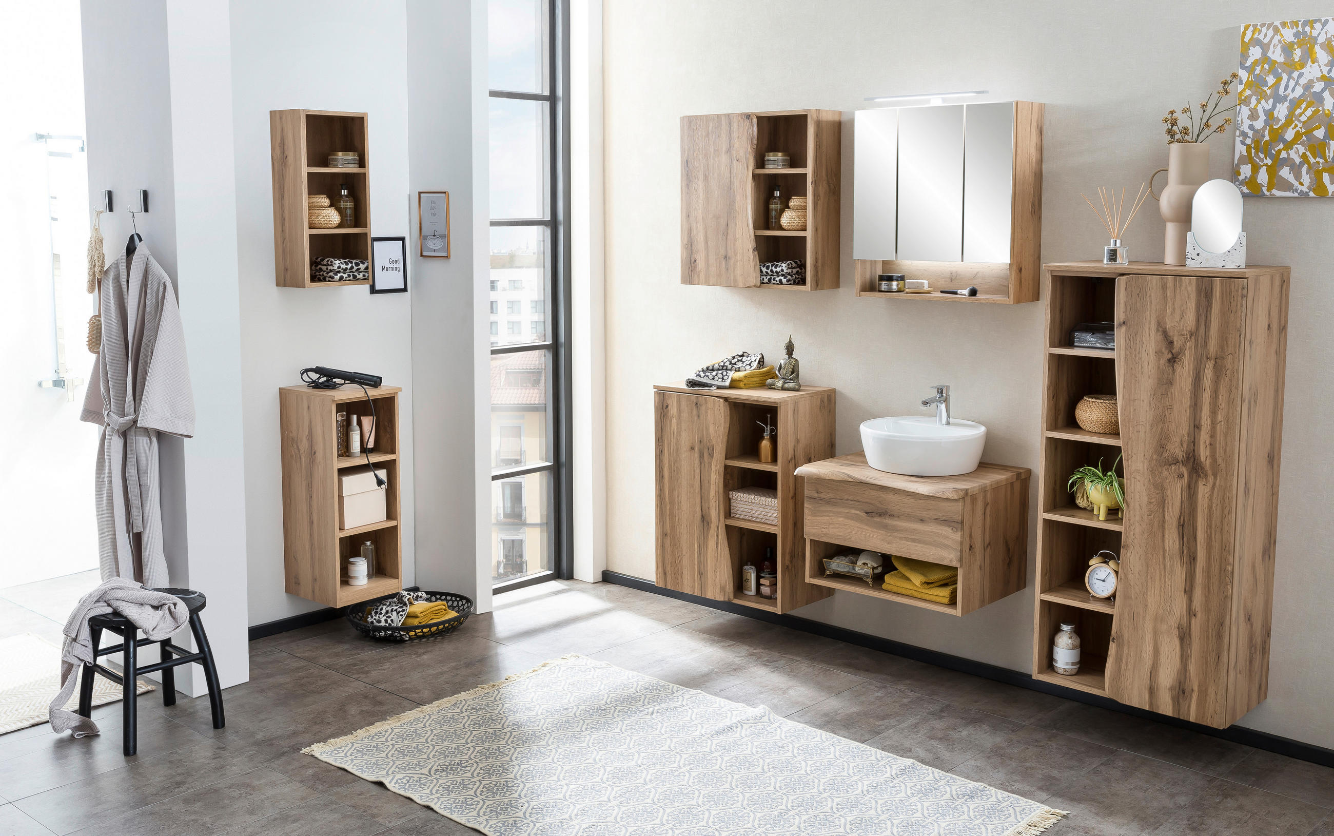 Thumbnail - Xora Badezimmerregal Bogen, Eiche Wotan, Holzwerkstoff, 2 Fächer, 30x79x35 cm, Made in Germany, stehend, hängend, Badezi...