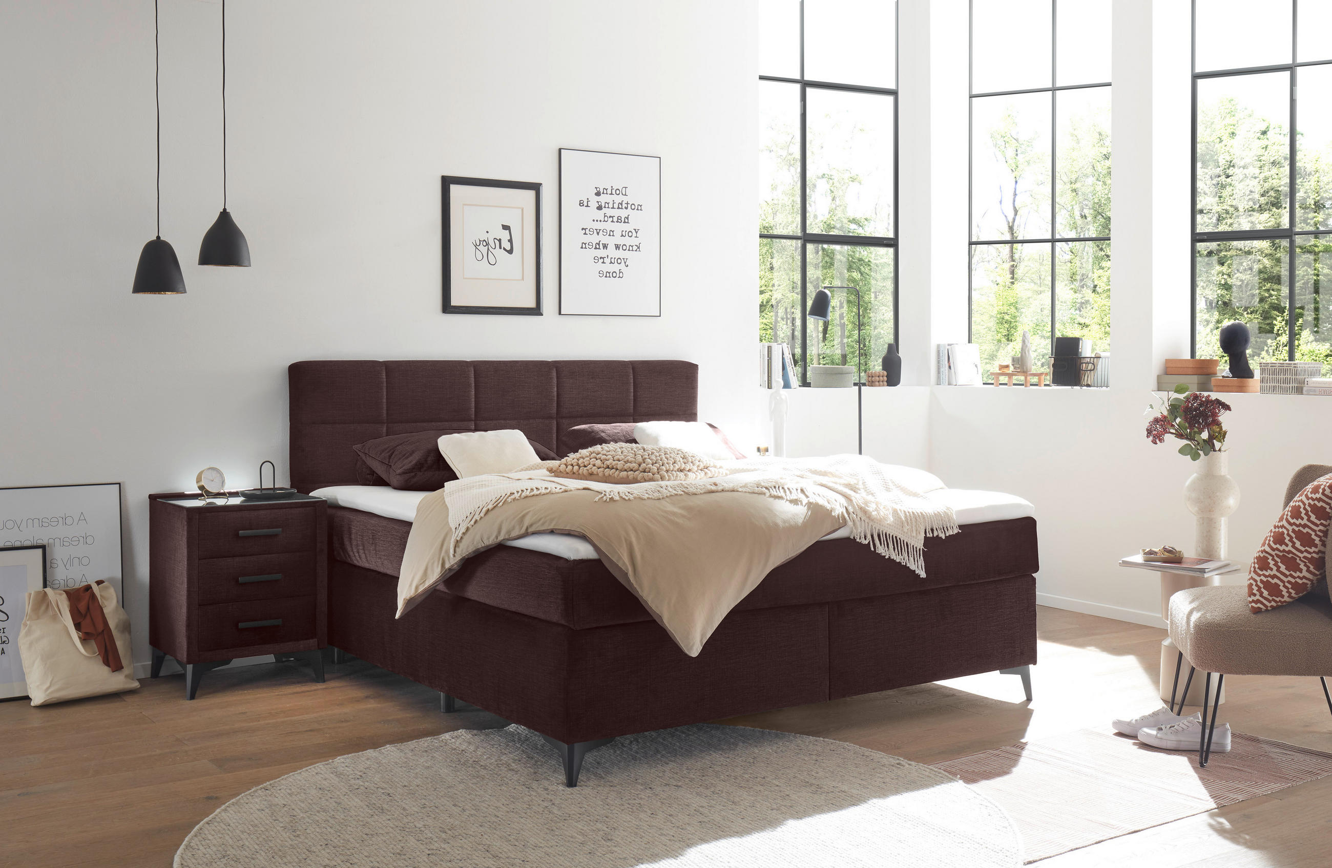 BOXSPRINGBETT 180/200 cm  in Aubergine  - Aubergine/Schwarz, Design, Holzwerkstoff/Kunststoff (180/200cm) - Xora