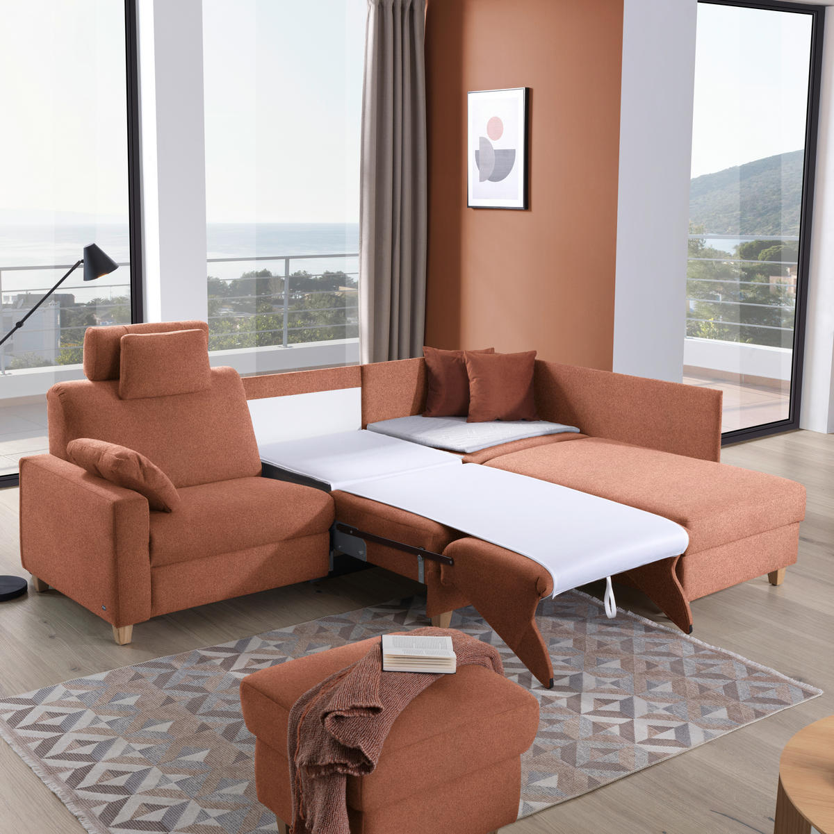 ECKSOFA in Flachgewebe Terracotta  261/203 cm  - Eichefarben/Terracotta, KONVENTIONELL, Holz/Textil (261/203cm) - Sedda